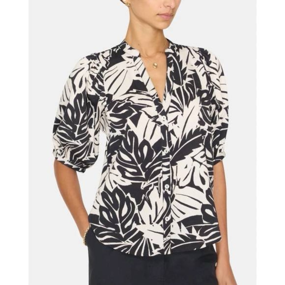 Brochu Walker Women's White Black Asteria Botanical-Print Blouse Size Large